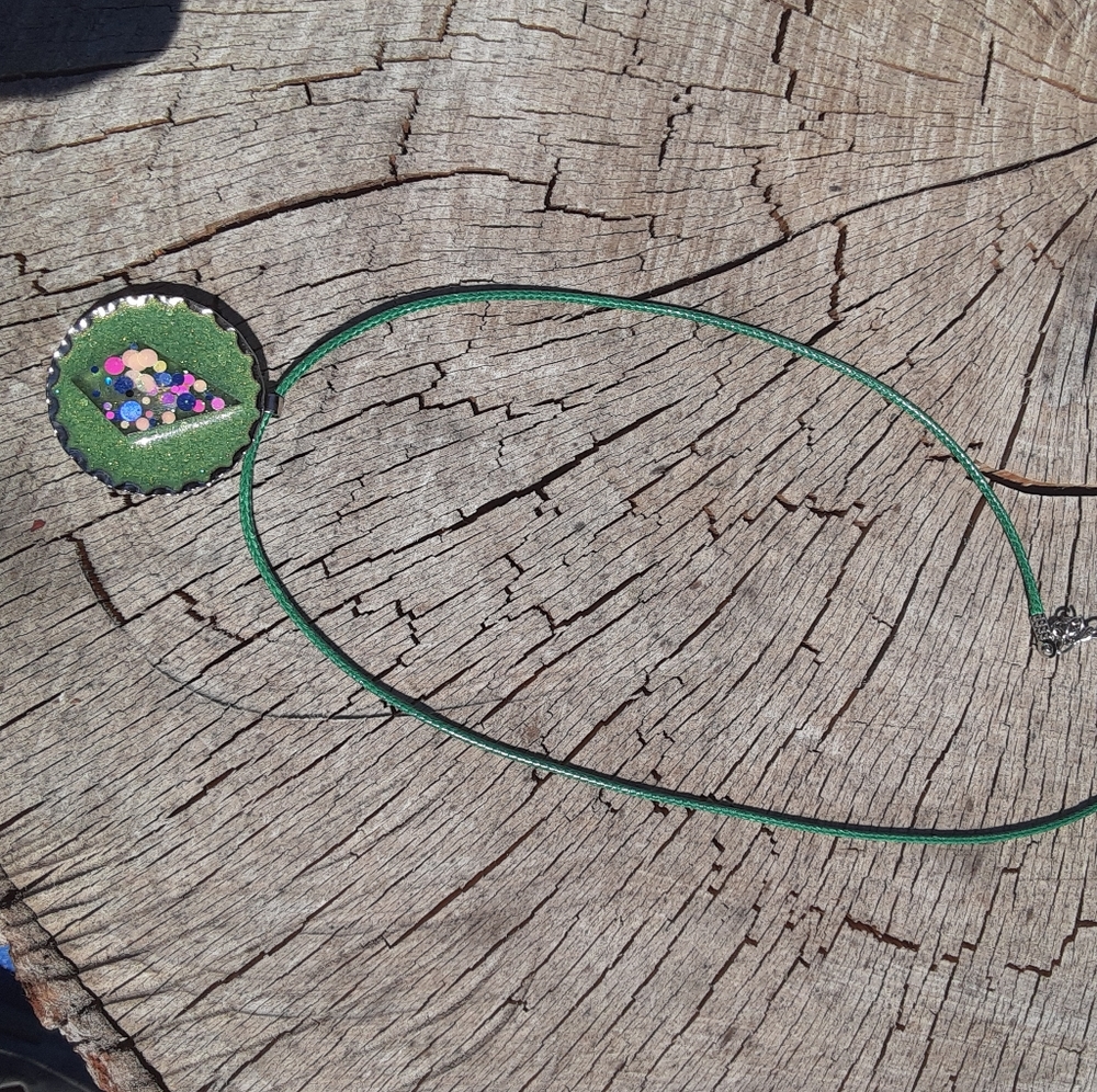 Green resin bottle cap diamond shape necklace